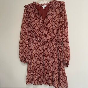 LC Lauren Conrad Burgundy ~ Patterned Long Sleeve Dress ~ Size XL~Ruffle